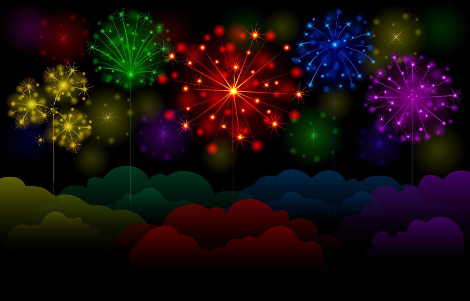 Colorful Fireworks on a Cloudy Night Sky vector