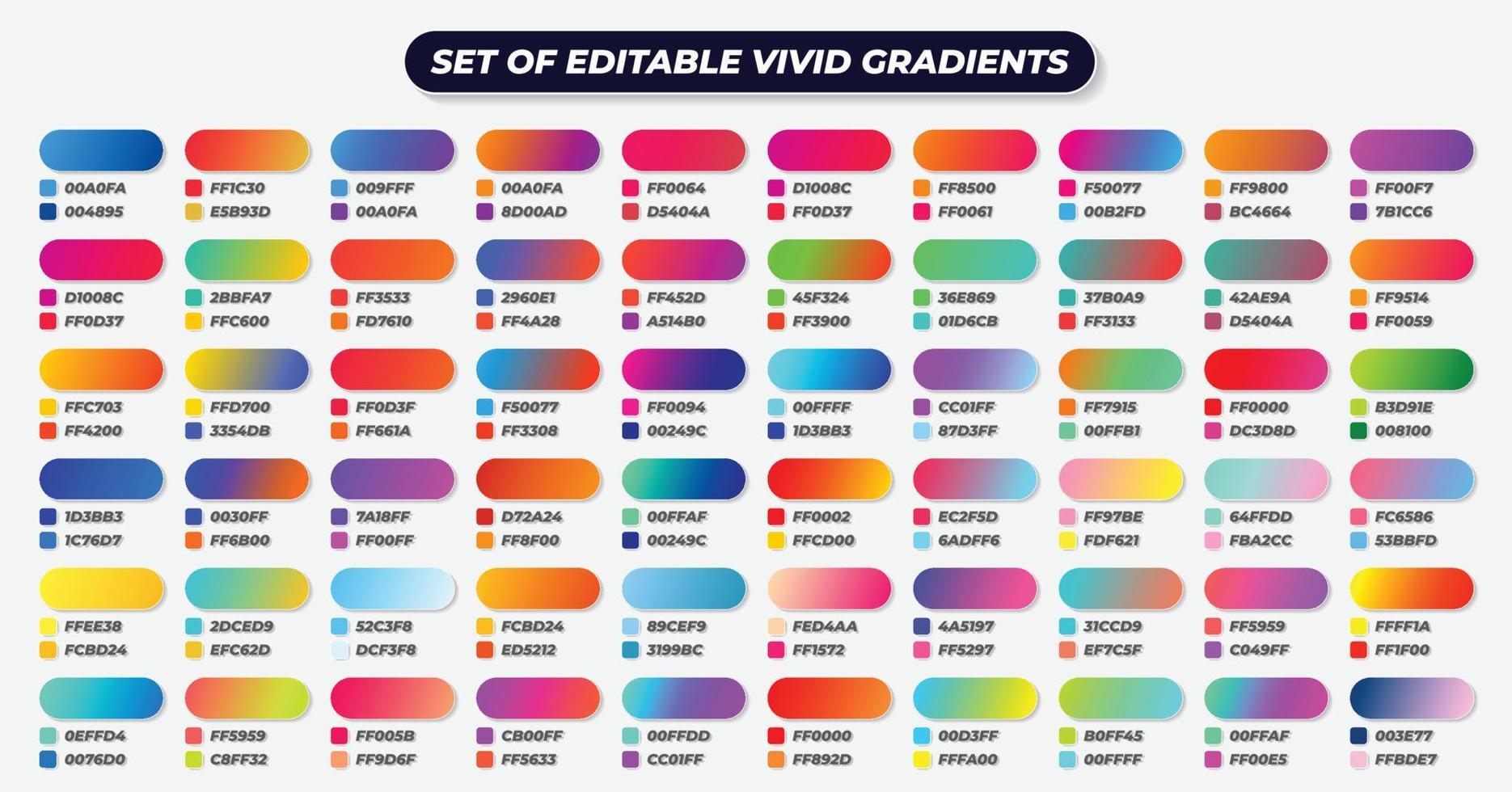 conjunto de muestras de degradado, colección de degradados vibrantes con códigos hexadecimales rgb adecuados para diseño gráfico, portadas, calendario, diseño web, papel tapiz, fondos vector