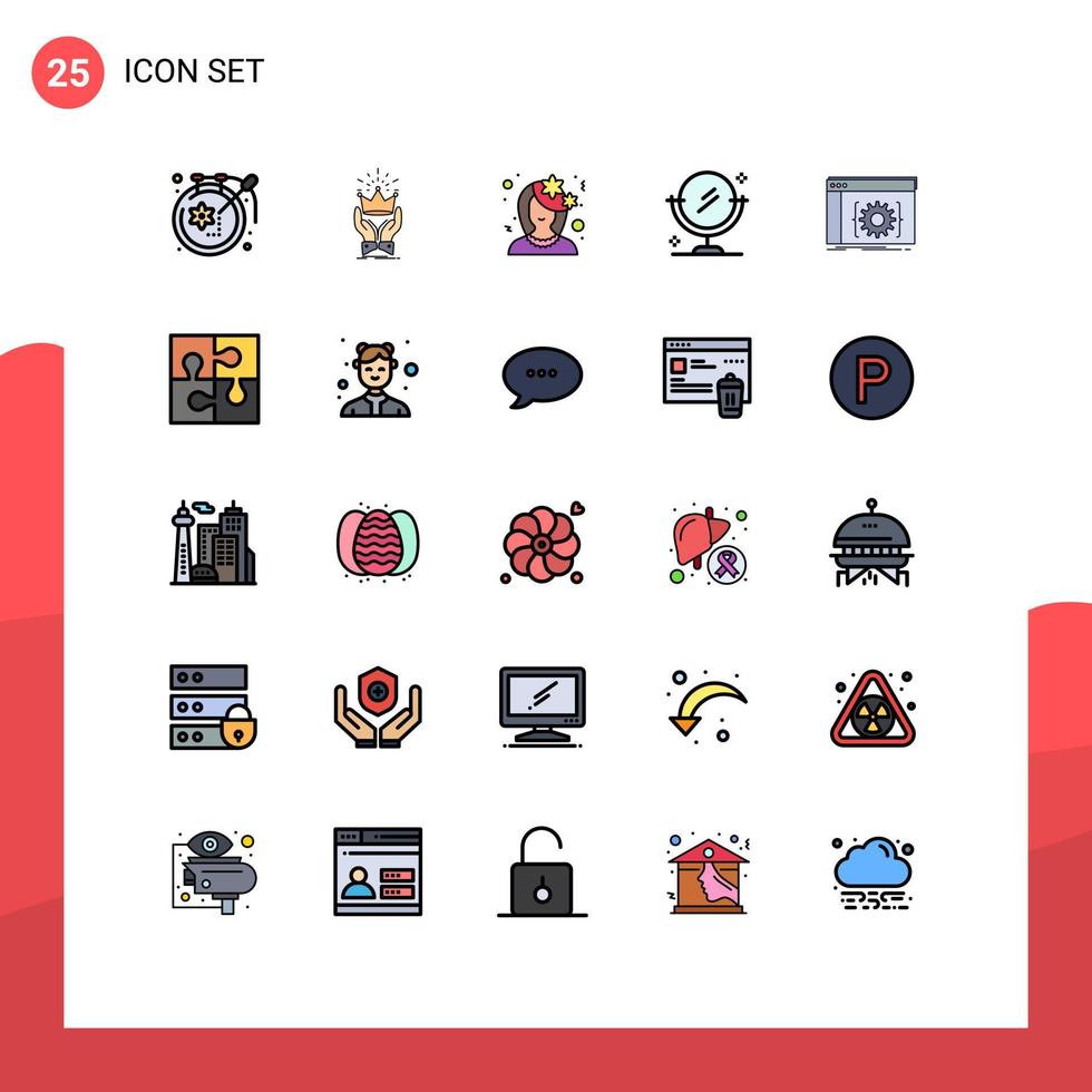 conjunto de color plano de línea llena de interfaz móvil de 25 pictogramas de elementos de diseño vectorial editables de perfil de espejo real de limpieza api vector