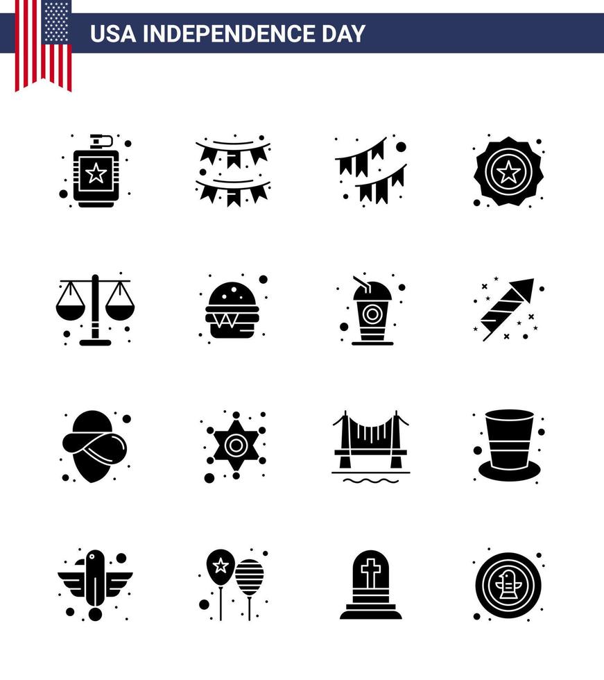 paquete de glifos sólidos de 16 símbolos del día de la independencia de estados unidos de la insignia de la corte del partido de justicia de escala elementos de diseño vectorial editables del día de estados unidos vector