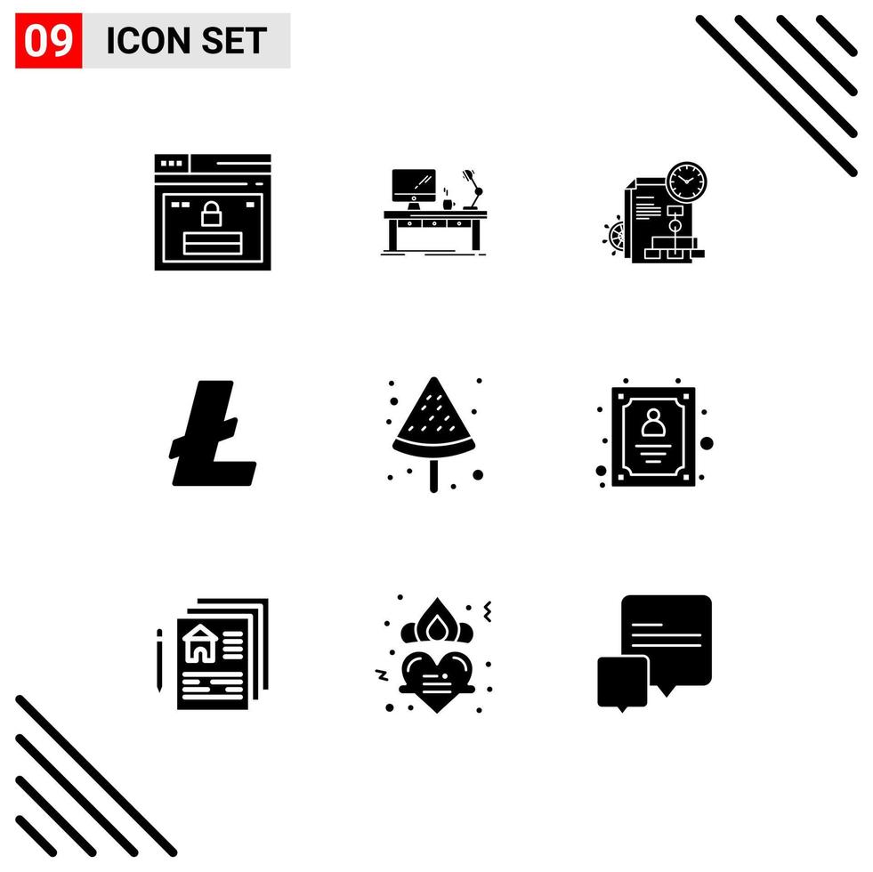 Pack of 9 Modern Solid Glyphs Signs and Symbols for Web Print Media such as cryptocurrency business desk report time Editable Vector Design Elements