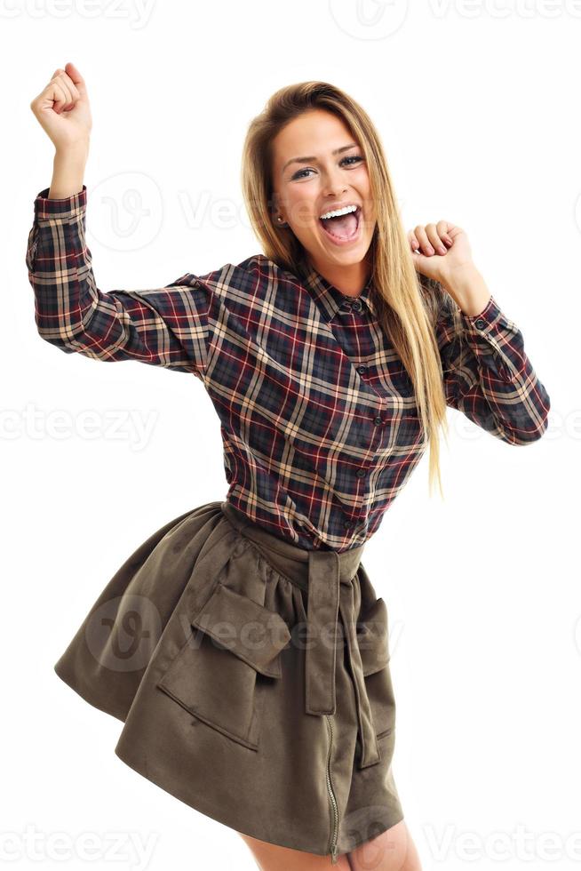 Portrait of happy woman isolated over white background photo