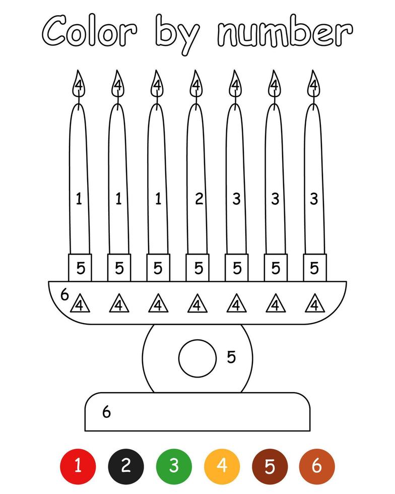 Color by number game for kids. Seven candles in kinara. Printable worksheet with solution for school and preschool. Learning numbers activity. Vector illustration of Happy Kwanzaa.