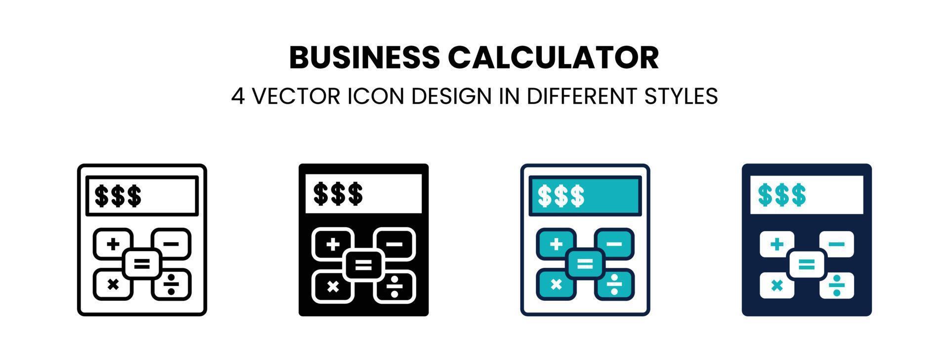 icono de calculadora de negocios en contorno, línea delgada, estilo sólido, relleno y plano. ilustración vectorial de dos diseños de iconos vectoriales de calculadora empresarial en color y negro que se pueden utilizar para móviles, ui, web vector