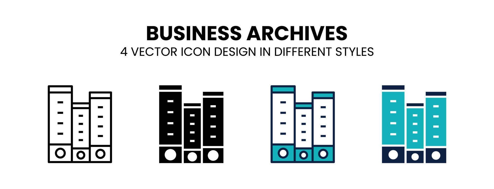 Business archives icon in outline, thin line, solid, filled and flat style. Vector illustration of two colored and black business archives vector icons designs can be used for mobile, ui, web