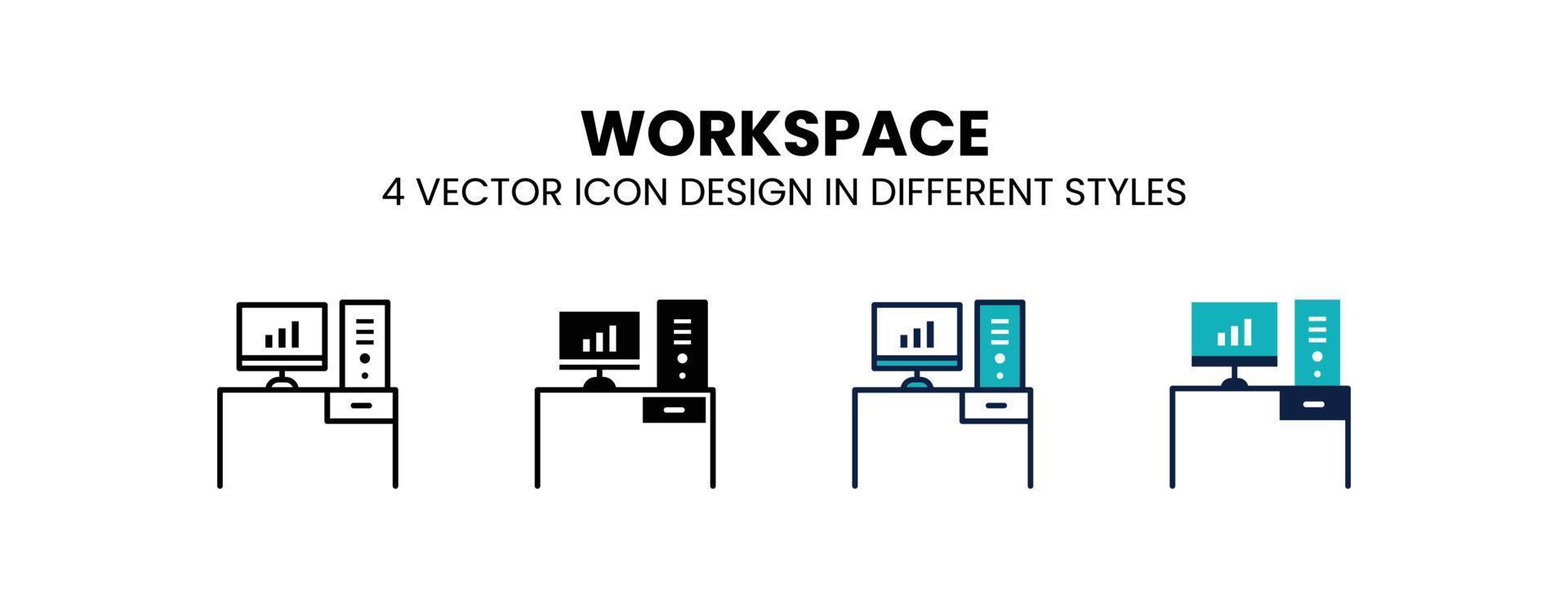 icono del espacio de trabajo en contorno, línea delgada, estilo sólido, relleno y plano. la ilustración vectorial de dos diseños de iconos vectoriales de espacio de trabajo en color y negro se puede utilizar para móviles, ui, web vector