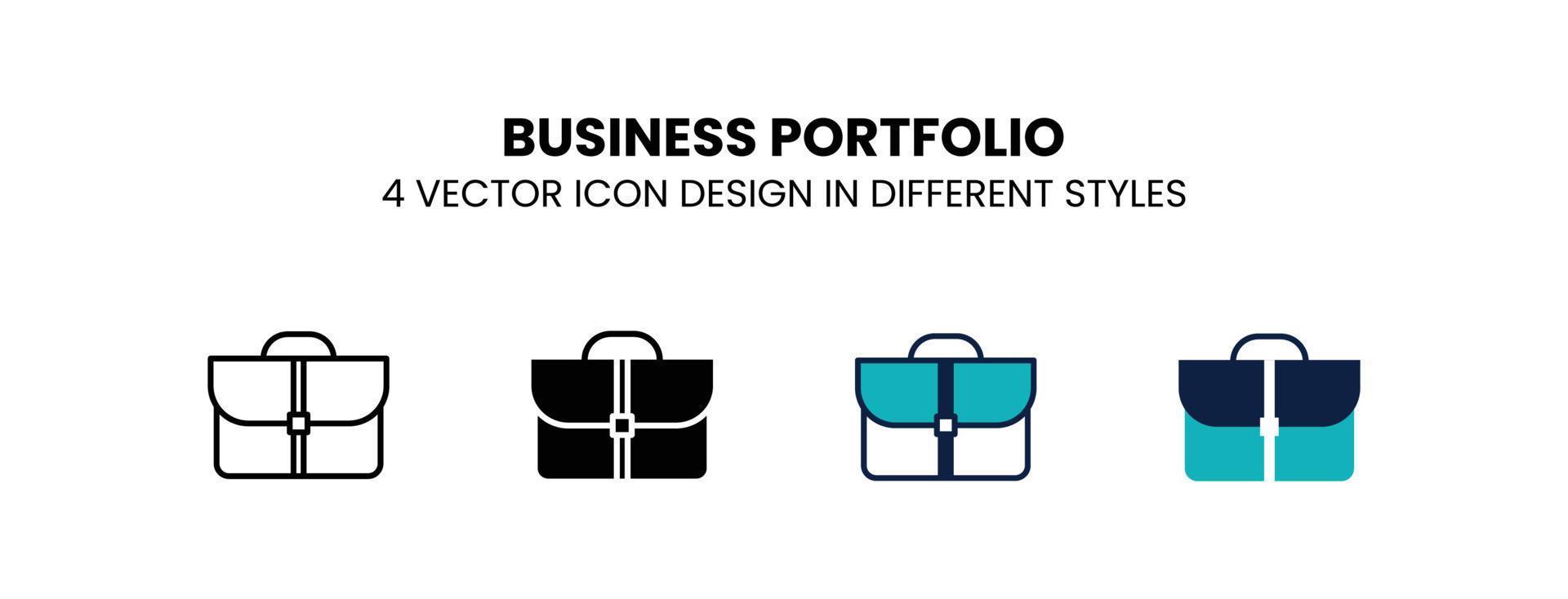 icono de cartera de negocios en contorno, línea delgada, estilo sólido, relleno y plano. ilustración vectorial de dos diseños de iconos vectoriales de cartera empresarial en color y negro que se pueden utilizar para móviles, ui, web vector