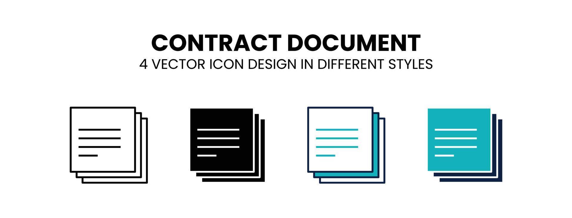 icono de documento de contrato en contorno, línea delgada, estilo sólido, relleno y plano. ilustración vectorial de dos diseños de iconos vectoriales de documento de contrato en color y negro que se pueden utilizar para móviles, ui, web vector