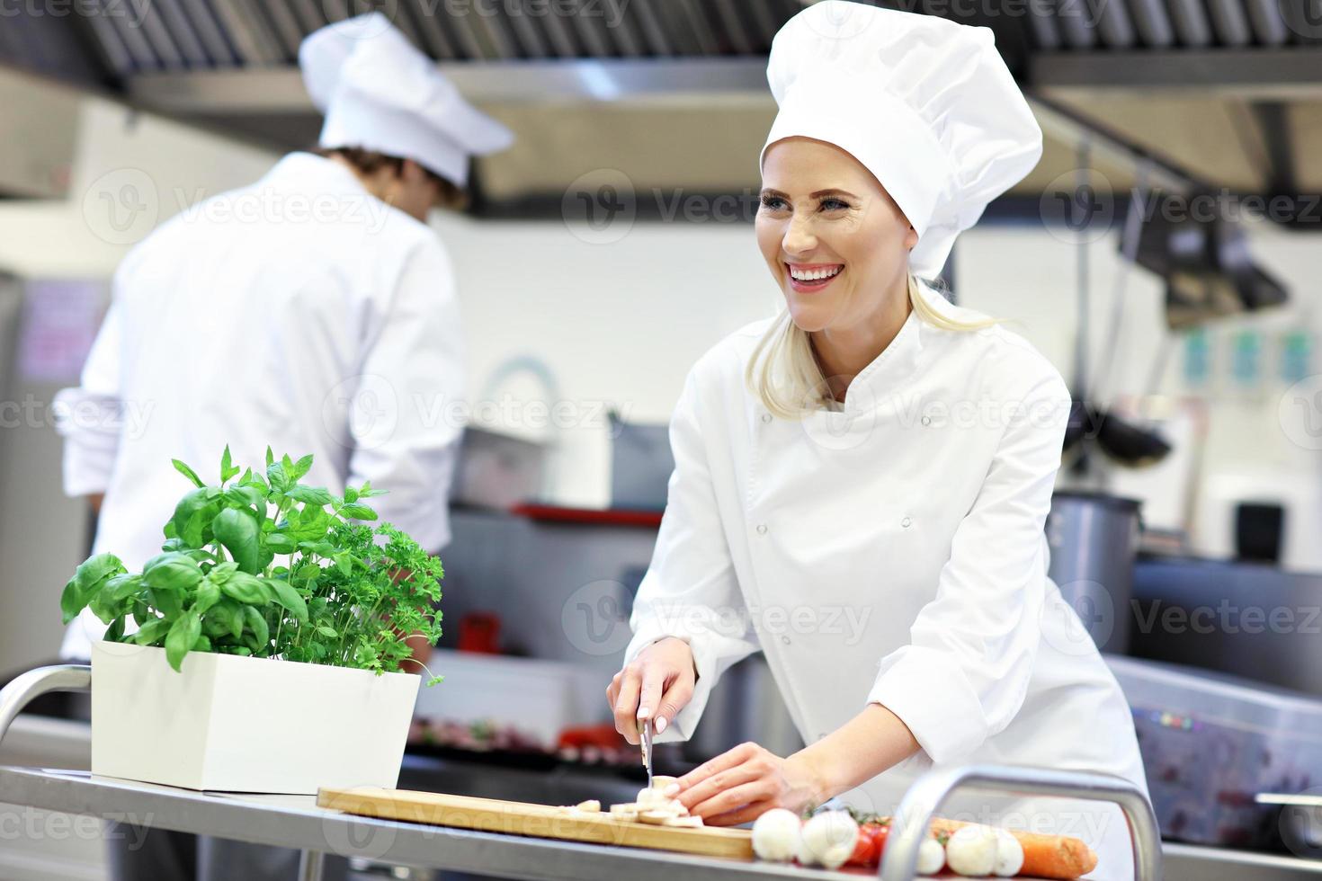 Busy chefs at work in the restaurant kitchen photo