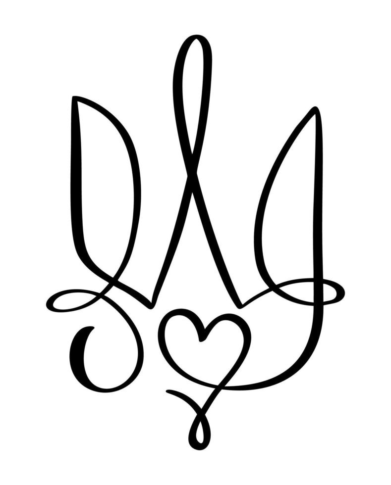 National ukrainian symbol Trident icon with heart love. Vector Hand drawn calligraphy Coat of Arms of Ukraine State emblem black color illustration flat style image