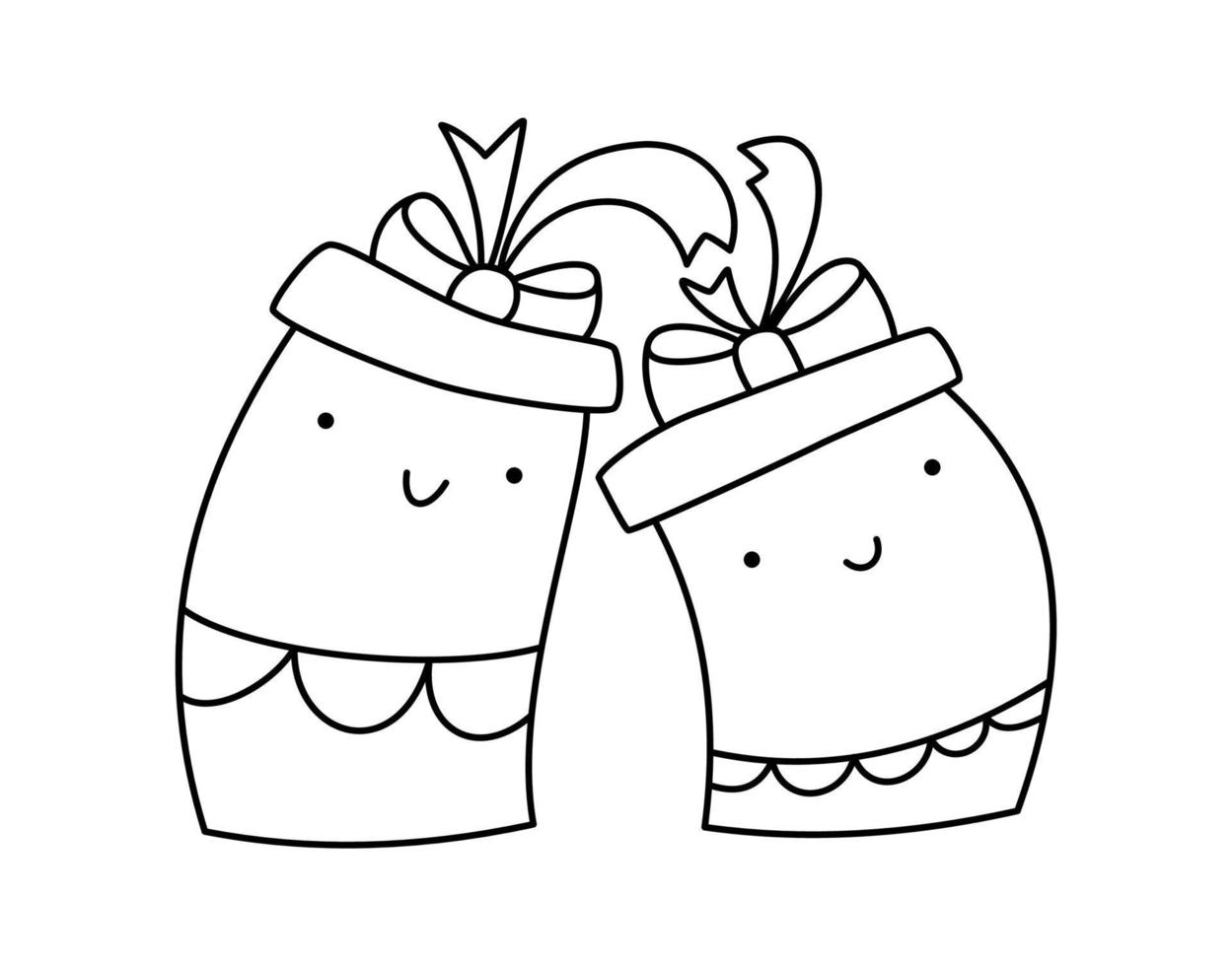 Vector line Christmas illustration couple of happy love smiling gift boxes. Pair of cute patterned elements for winter design. Joy and family concept. Doodle style