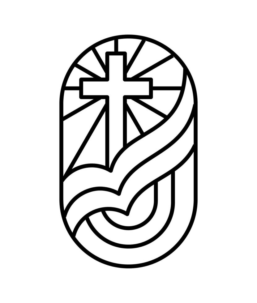 línea de religión cruz y biblia de libro abierto en la iglesia. ilustración de icono de logotipo vectorial aislada. jesucristo en el calvario es el centro del cristianismo. dios perdon y amor por las personas vector