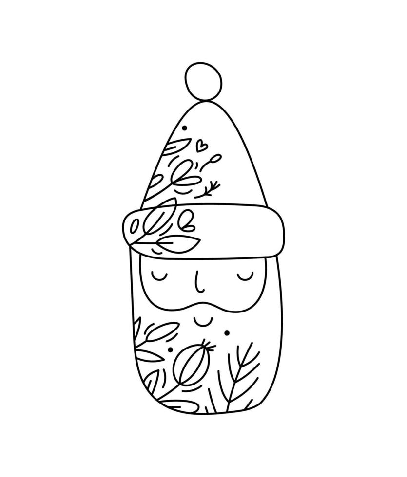 Hand drawn vector Christmas line winter Santa Claus with line berries, branches texture. Xmas advent icon outline illustration for greeting card baby, web design, invitation