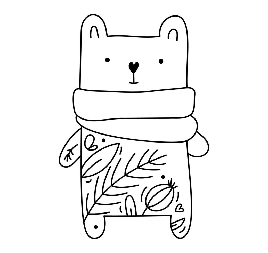 Hand drawn baby vector Christmas line winter bear with line berries, branches texture. Xmas advent icon outline illustration for greeting card baby, web design, invitation
