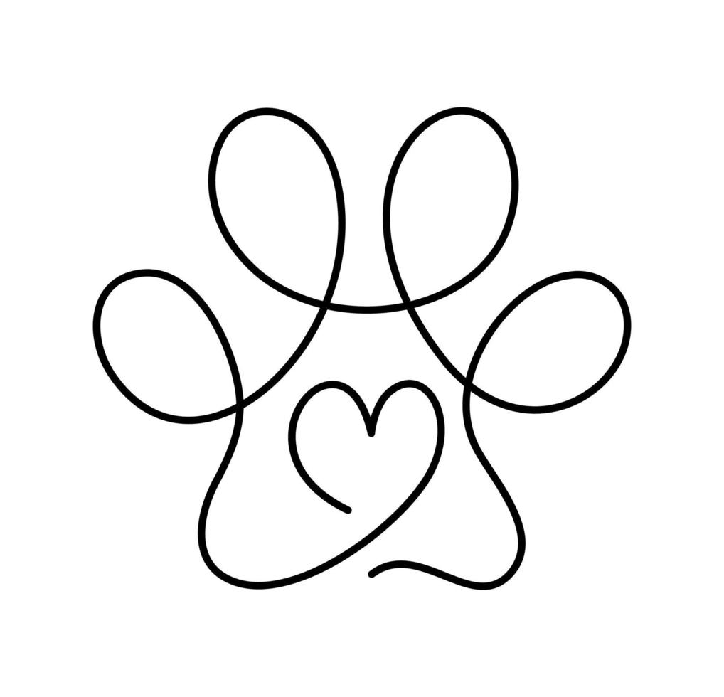 huella de pata de perro o gato y corazón en el logotipo de dibujo continuo de una línea. arte lineal mínimo. animal en el corazón. mascotas amor concepto monoline vector