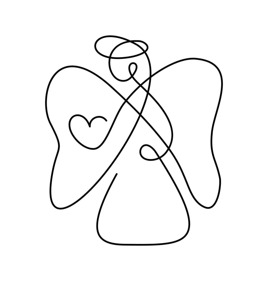 ángel de navidad vectorial simple con corazón, dibujo continuo de una línea, estampado para ropa y diseño de logotipo, emblema o silueta de una sola línea, ilustración abstracta aislada vector