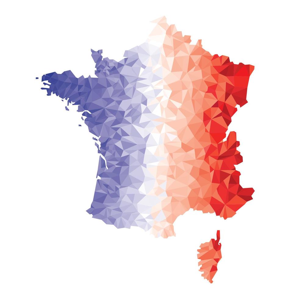 Geometric polygonal vector map of France. Mosaic in red-white-blue tones.