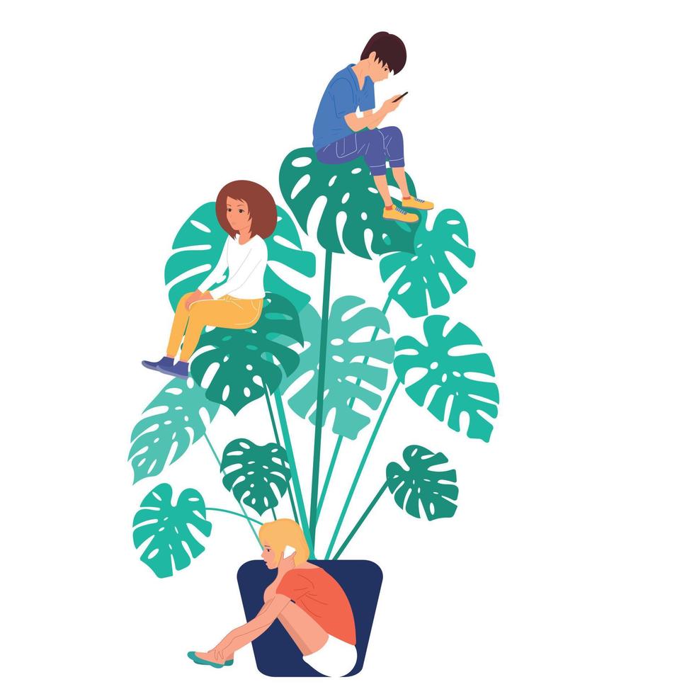 Young people sit on monstera leaves. Enviroment protection. Symbol .Vector. vector