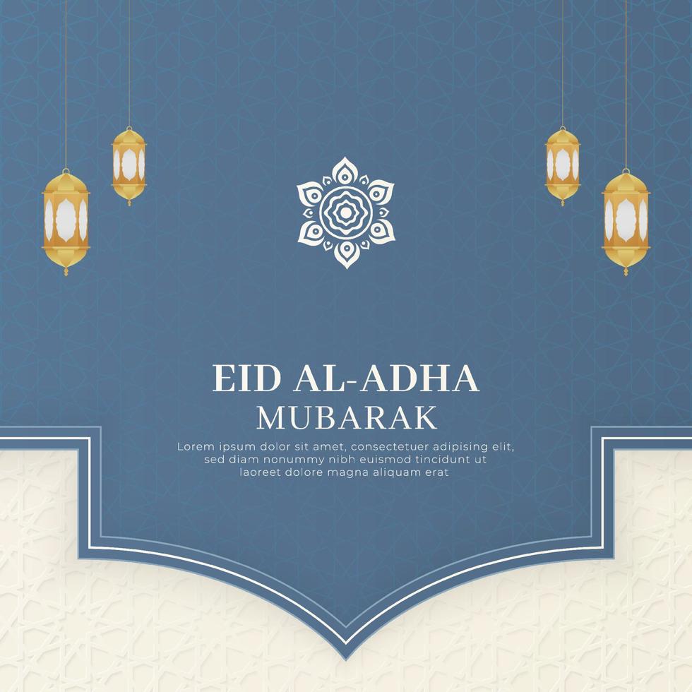 Eid al-Adha Mubarak Islamic Arabic White Background with Geometric Pattern and Beautiful Ornament with Lanterns vector