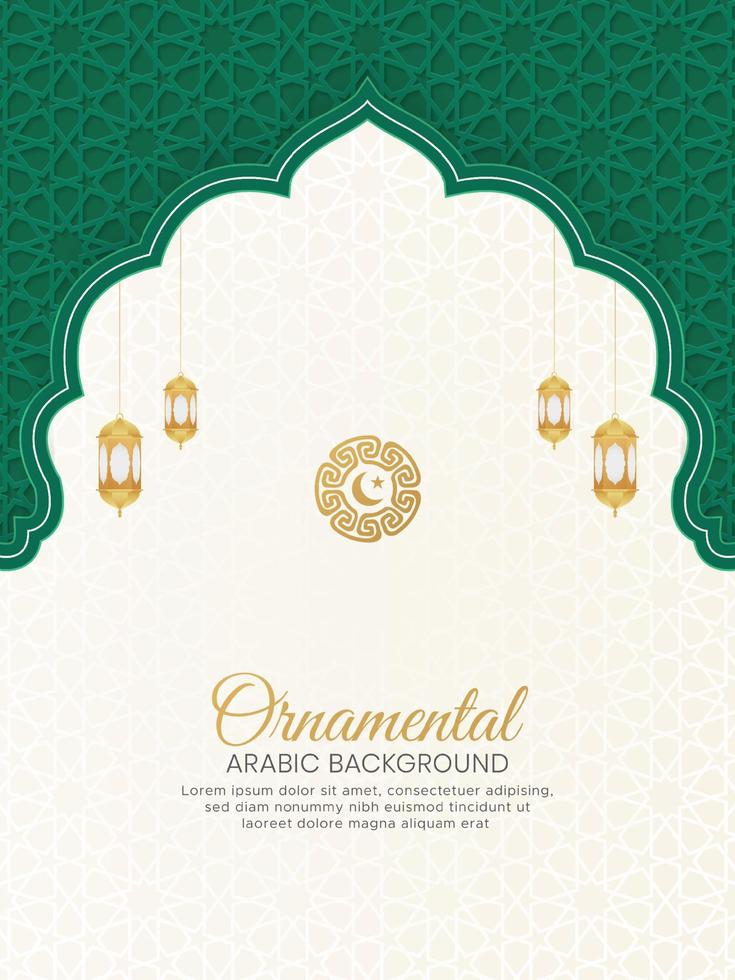 Islamic Arabic White and Green Background with Geometric Pattern and Ornament with Lanterns vector
