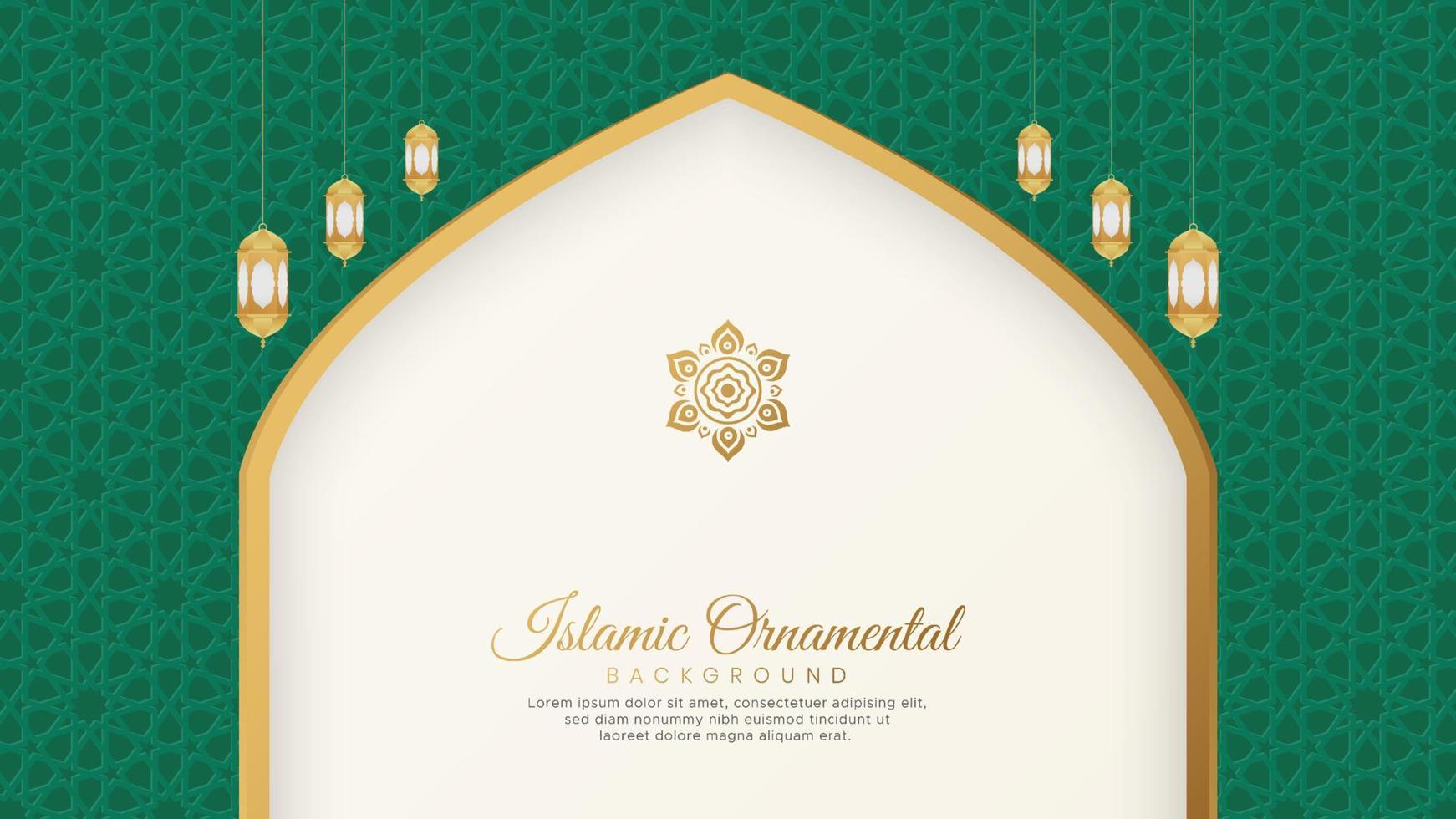 Islamic Arabic Green and White Background with Geometric pattern and Beautiful Ornament with Lanterns vector