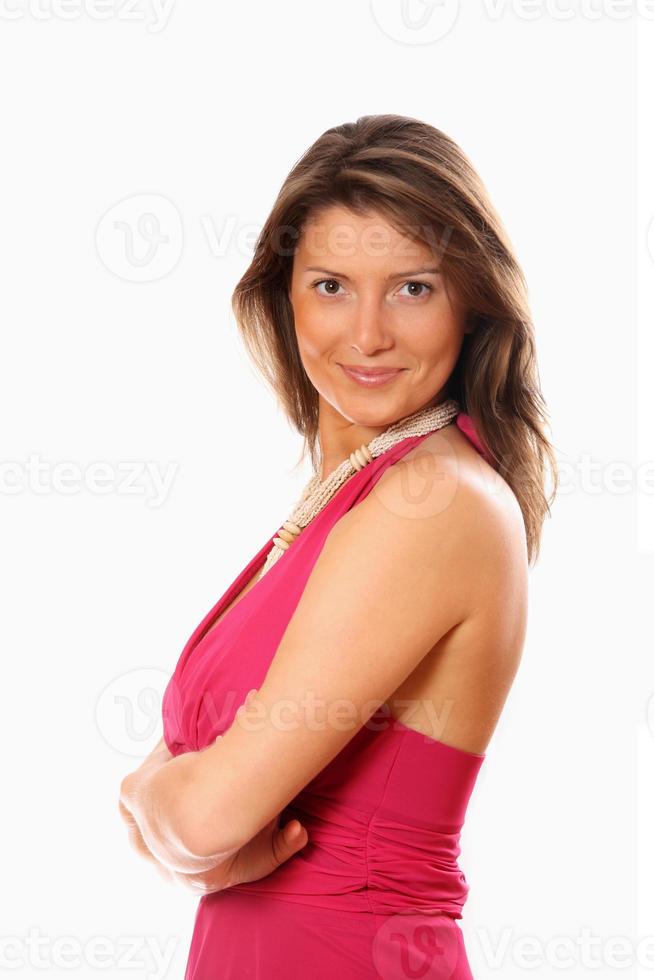 Pretty confident woman standing over white background photo
