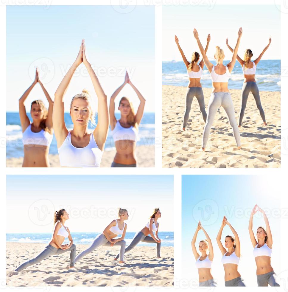 A collage of pictures with girls practising yoga photo