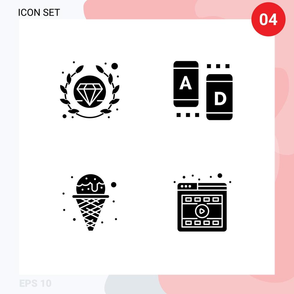 Pack of 4 Modern Solid Glyphs Signs and Symbols for Web Print Media such as premium ice cream ad tablet browser Editable Vector Design Elements