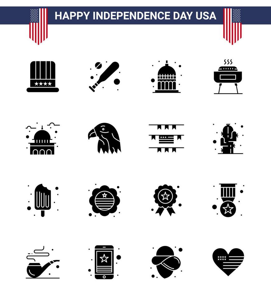 Stock Vector Icon Pack of American Day 16 Solid Glyph Signs and Symbols for landmark building indianapolis holiday celebration Editable USA Day Vector Design Elements