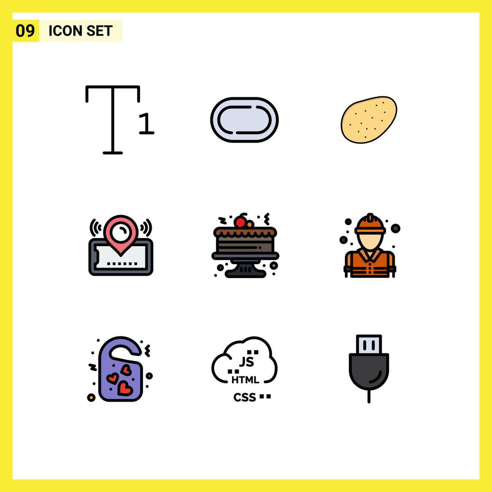 Pack of 9 creative Filledline Flat Colors of firefighter fighter pin christmas cake Editable Vector Design Elements