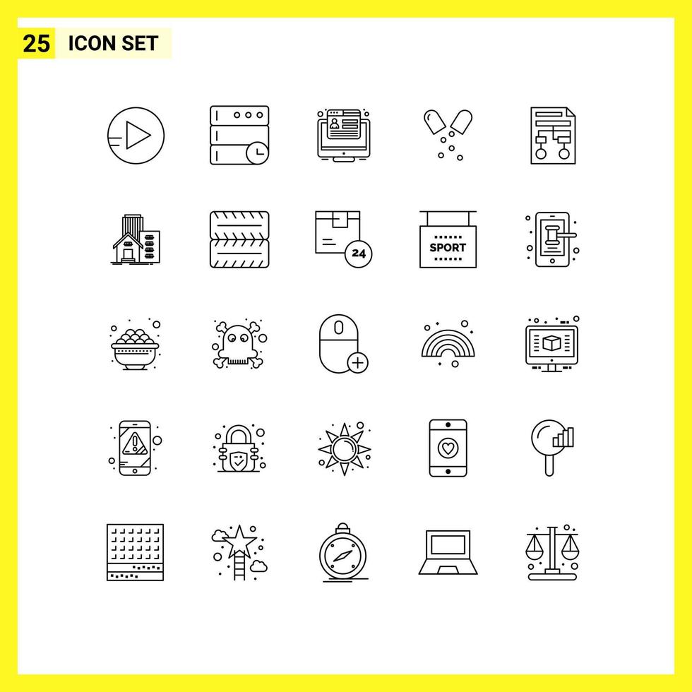 Mobile Interface Line Set of 25 Pictograms of document process web paper medical Editable Vector Design Elements