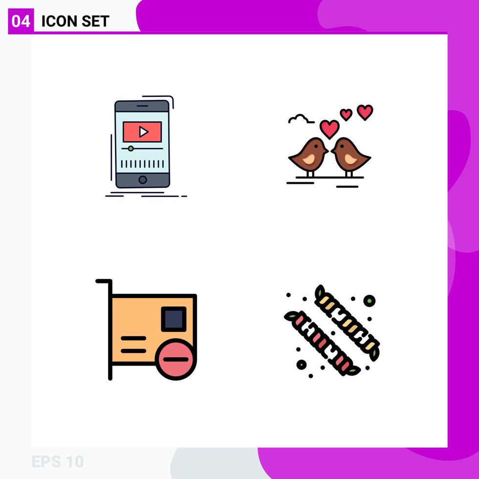 Pack of 4 creative Filledline Flat Colors of media card video love devices Editable Vector Design Elements