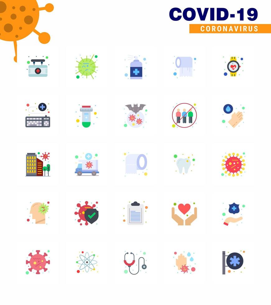 CORONAVIRUS 25 Flat Color Icon set on the theme of Corona epidemic contains icons such as care roll virus paper handcare viral coronavirus 2019nov disease Vector Design Elements