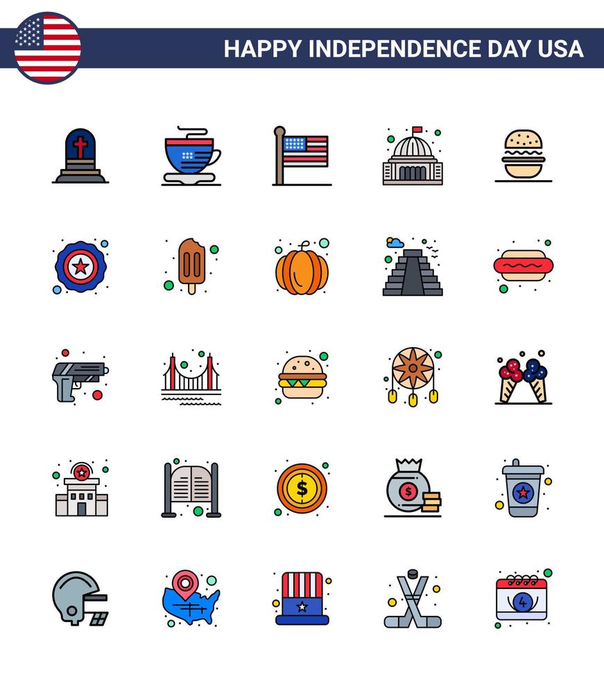 Set of 25 USA Day Icons American Symbols Independence Day Signs for eat white states landmark building Editable USA Day Vector Design Elements