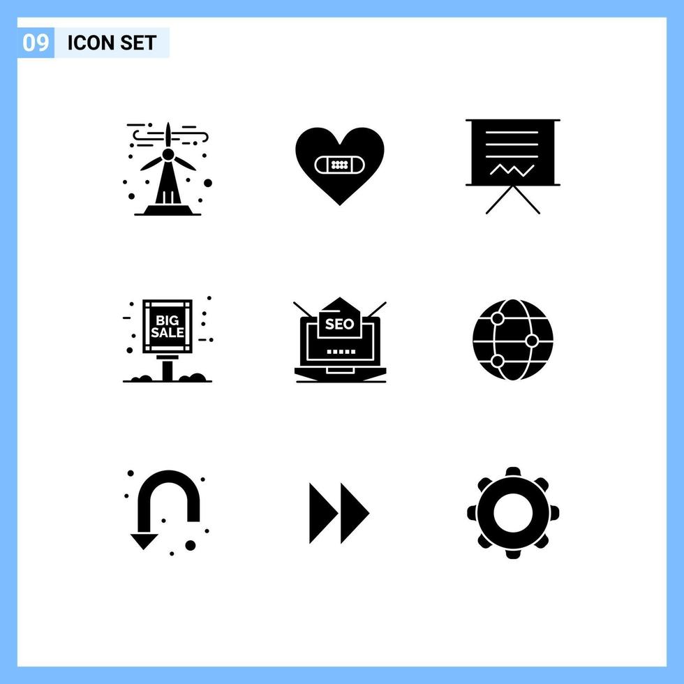 Group of 9 Solid Glyphs Signs and Symbols for sale advertisement big sale like board education Editable Vector Design Elements