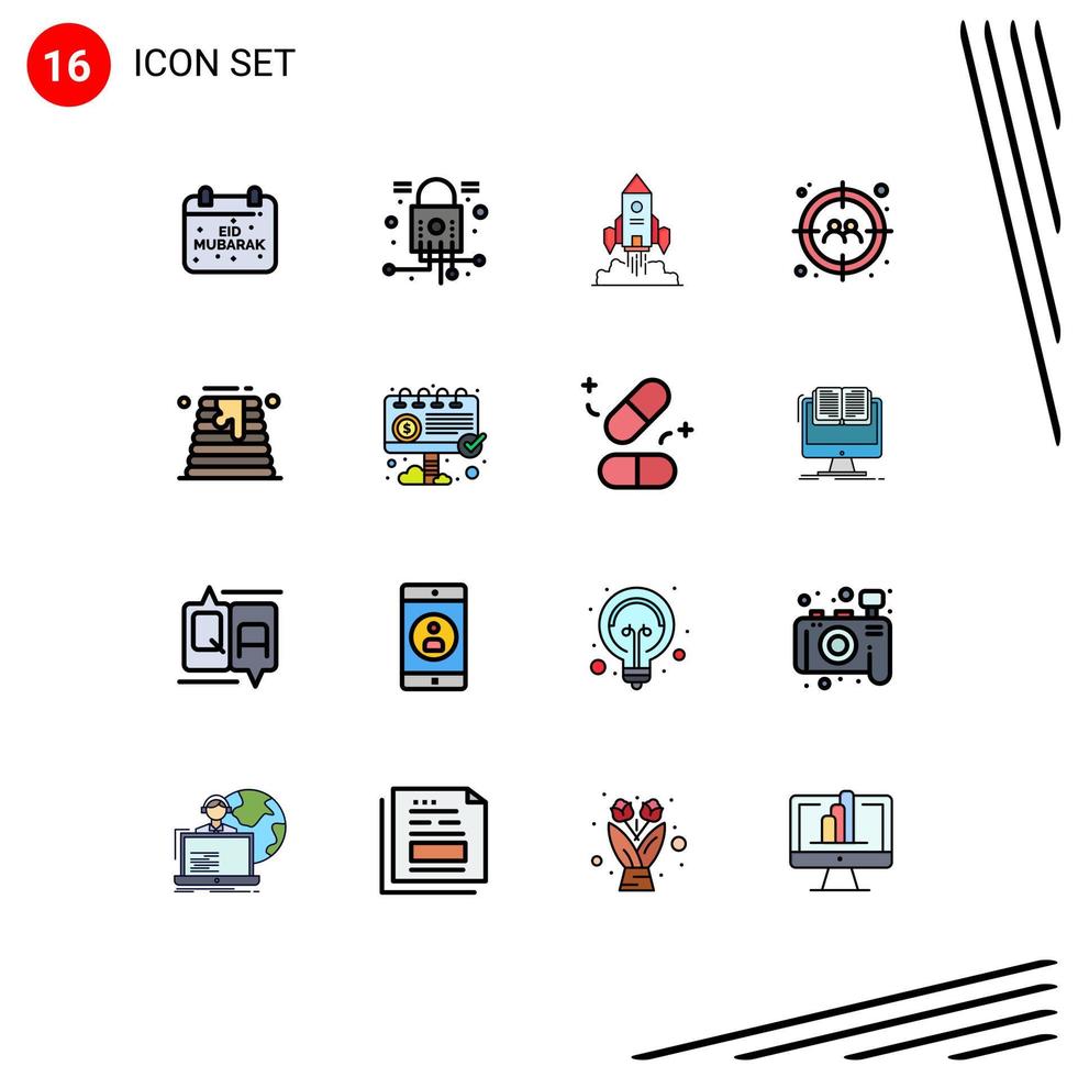 16 Universal Flat Color Filled Lines Set for Web and Mobile Applications user target security man launch Editable Creative Vector Design Elements