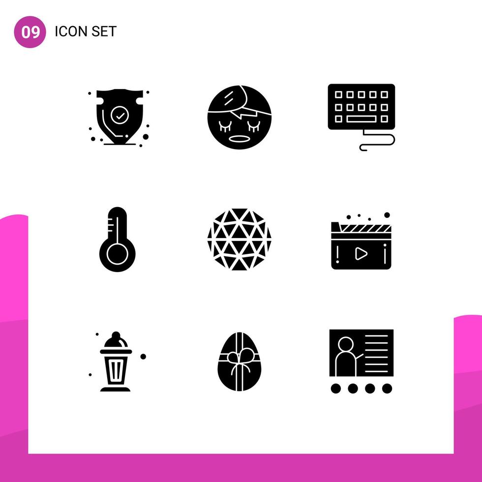 9 Thematic Vector Solid Glyphs and Editable Symbols of media crypto keyboard coin thermometer Editable Vector Design Elements