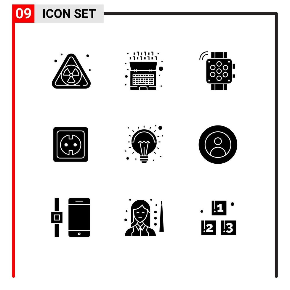 Modern Set of 9 Solid Glyphs Pictograph of idea socket hand watch power supply energy Editable Vector Design Elements