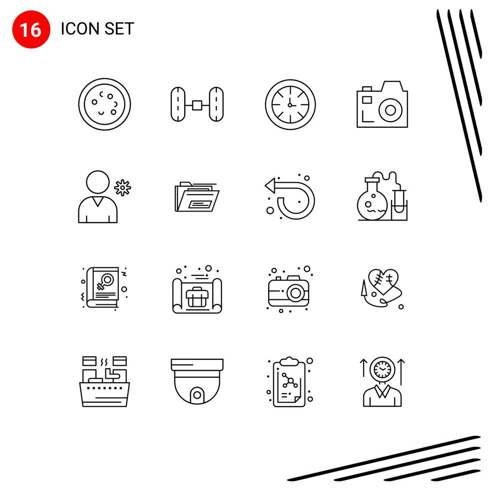 Set of 16 Commercial Outlines pack for user controls watch media camera Editable Vector Design Elements