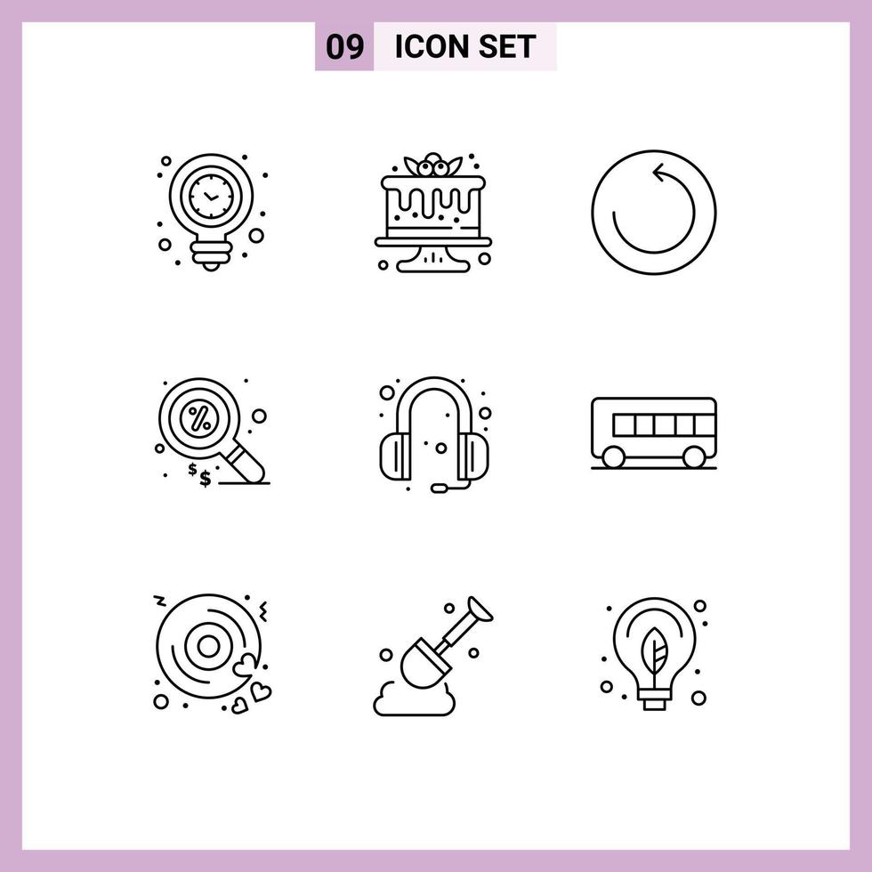 Pack of 9 Modern Outlines Signs and Symbols for Web Print Media such as headphones money sweets marketing duty Editable Vector Design Elements