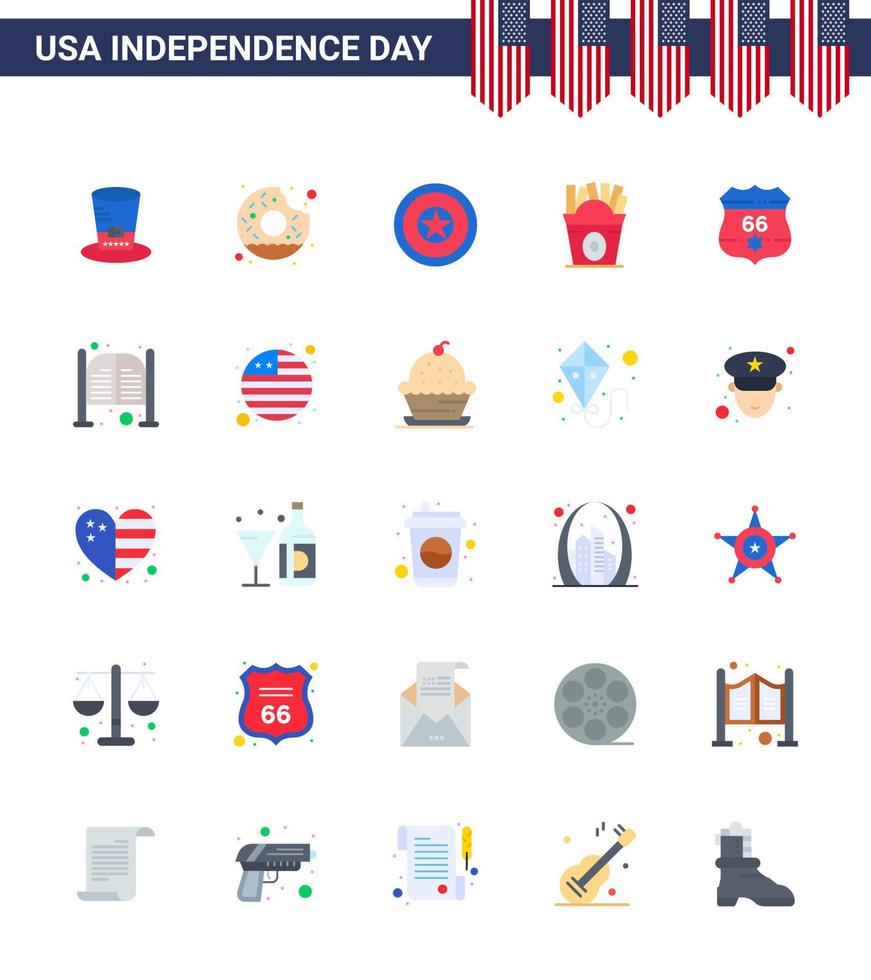 conjunto moderno de 25 pisos y símbolos en el día de la independencia de estados unidos, como el escudo de estados unidos, comida festiva, frise, elementos de diseño vectorial editables del día de estados unidos vector