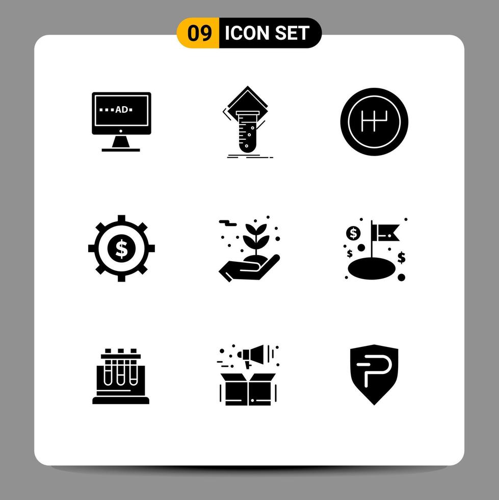 Set of 9 Commercial Solid Glyphs pack for flowers energy test process budget Editable Vector Design Elements