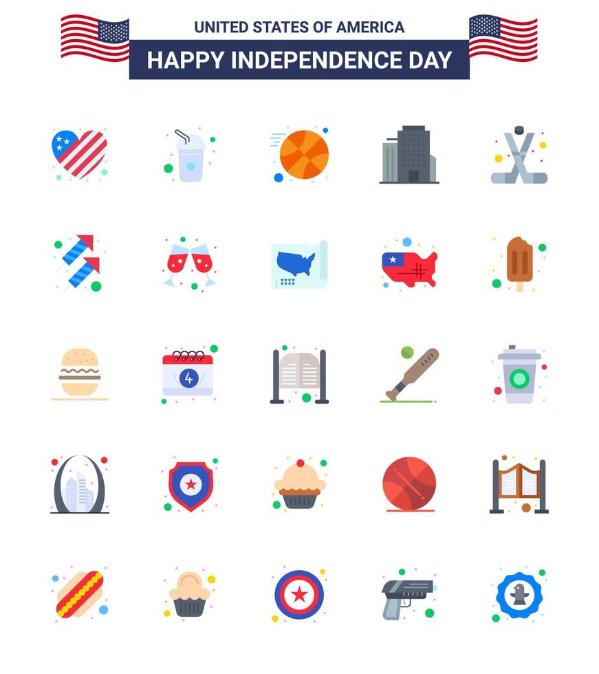 4 de julio estados unidos feliz día de la independencia icono símbolos grupo de 25 pisos modernos de hockey sobre hielo americano oficina de hockey de baloncesto elementos de diseño de vector de día de estados unidos editables