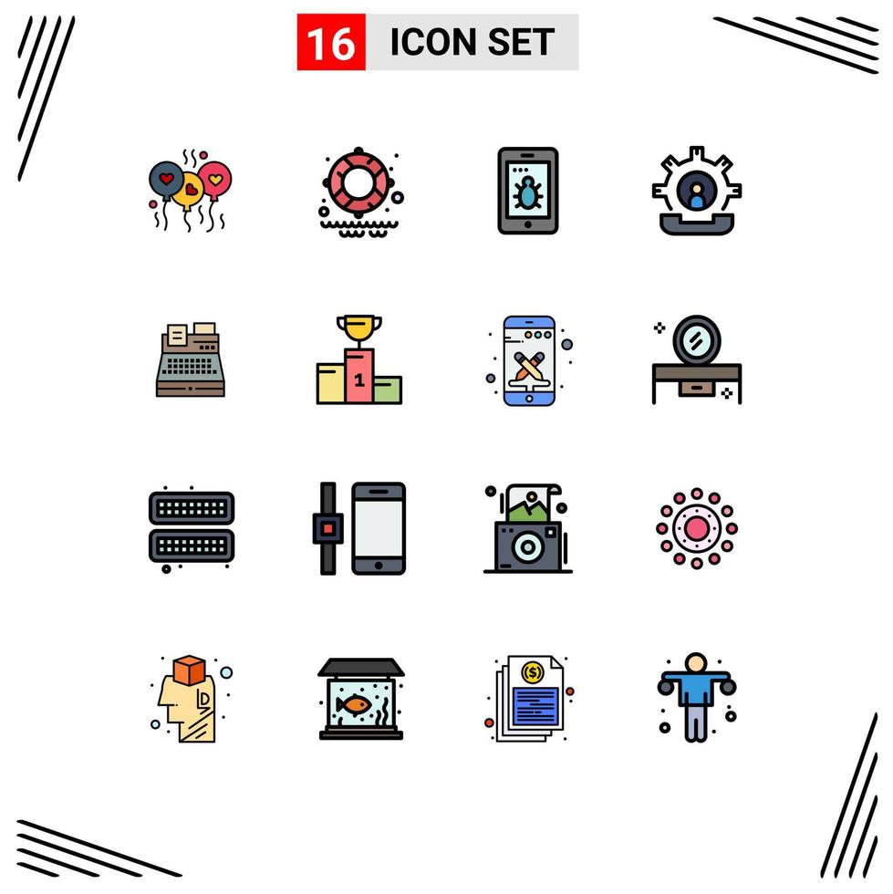 Set of 16 Commercial Flat Color Filled Lines pack for printer fax security process help Editable Creative Vector Design Elements