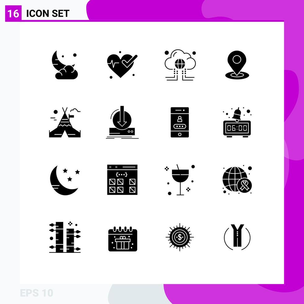 16 User Interface Solid Glyph Pack of modern Signs and Symbols of fire work navigation cloud map internet Editable Vector Design Elements