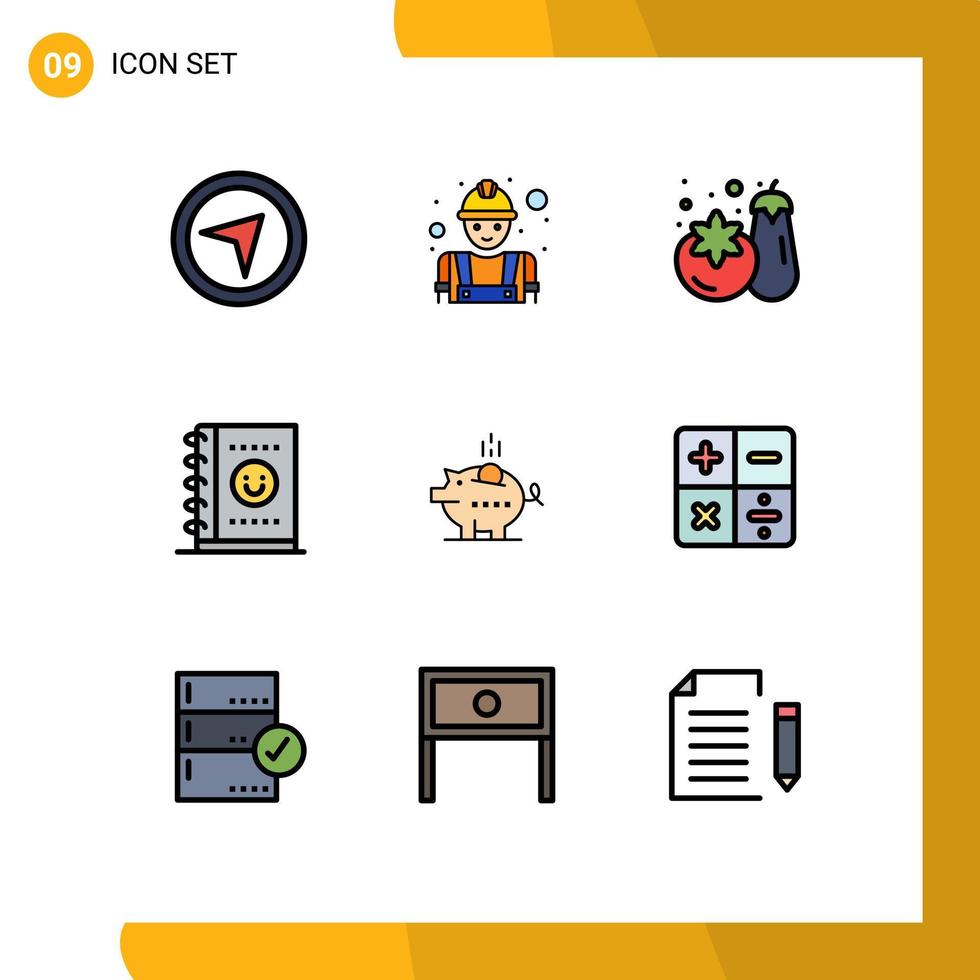 9 Universal Filledline Flat Colors Set for Web and Mobile Applications savings piggy supermarket economy planner Editable Vector Design Elements