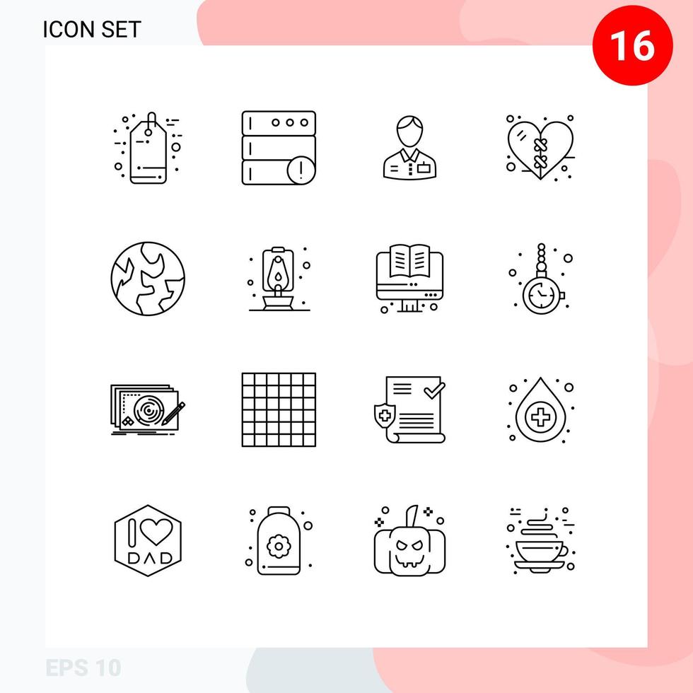 Mobile Interface Outline Set of 16 Pictograms of planet heart bellhop health bandage Editable Vector Design Elements