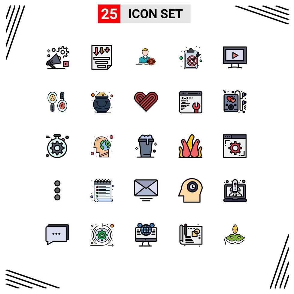 Mobile Interface Filled line Flat Color Set of 25 Pictograms of objective clipboard paper aim target Editable Vector Design Elements