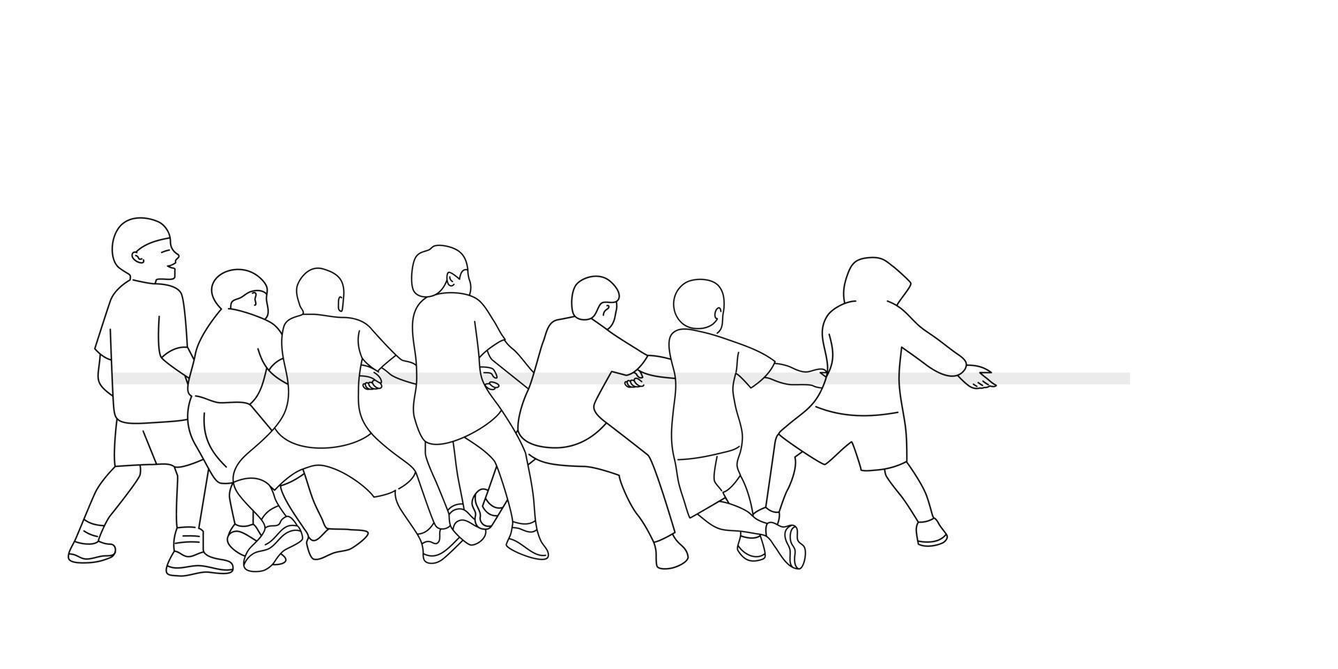 Outline of group of children playing tug of war, Team sport in vector. vector