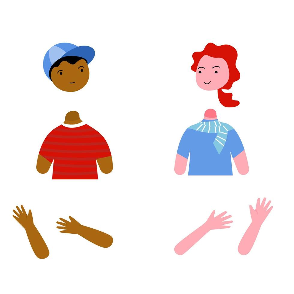 Set of modern kid character, boy and girl with part of top body. vector